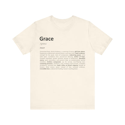 Beige t-shirt with 'Grace' definition printed on a white background