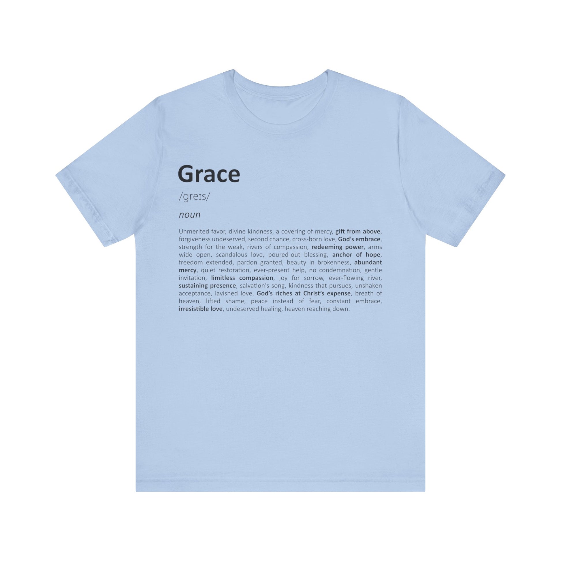 Light blue t-shirt with 'Grace' definition text on a white background