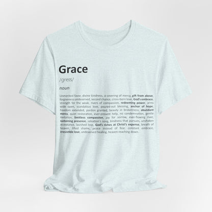 White t-shirt with 'Grace' definition text on a light pink background