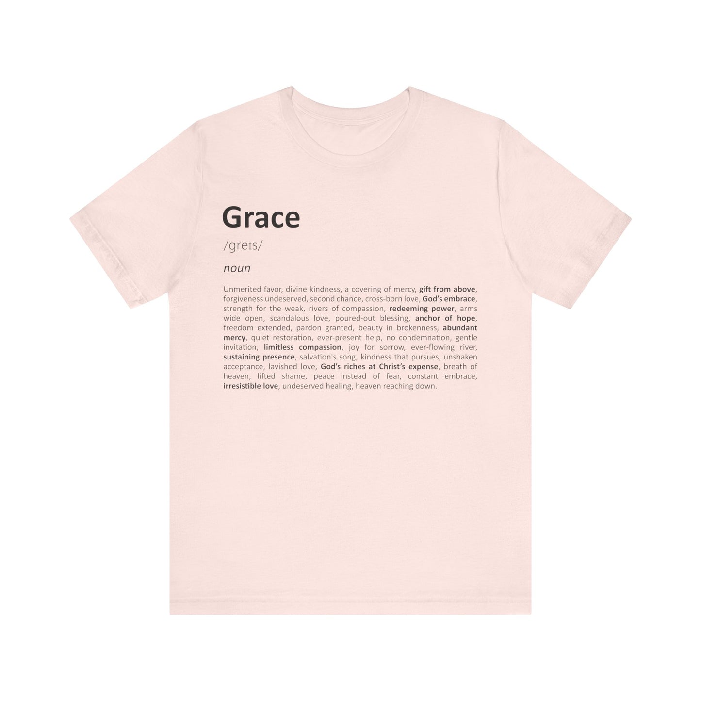 Pink t-shirt with 'Grace' definition text on a white background