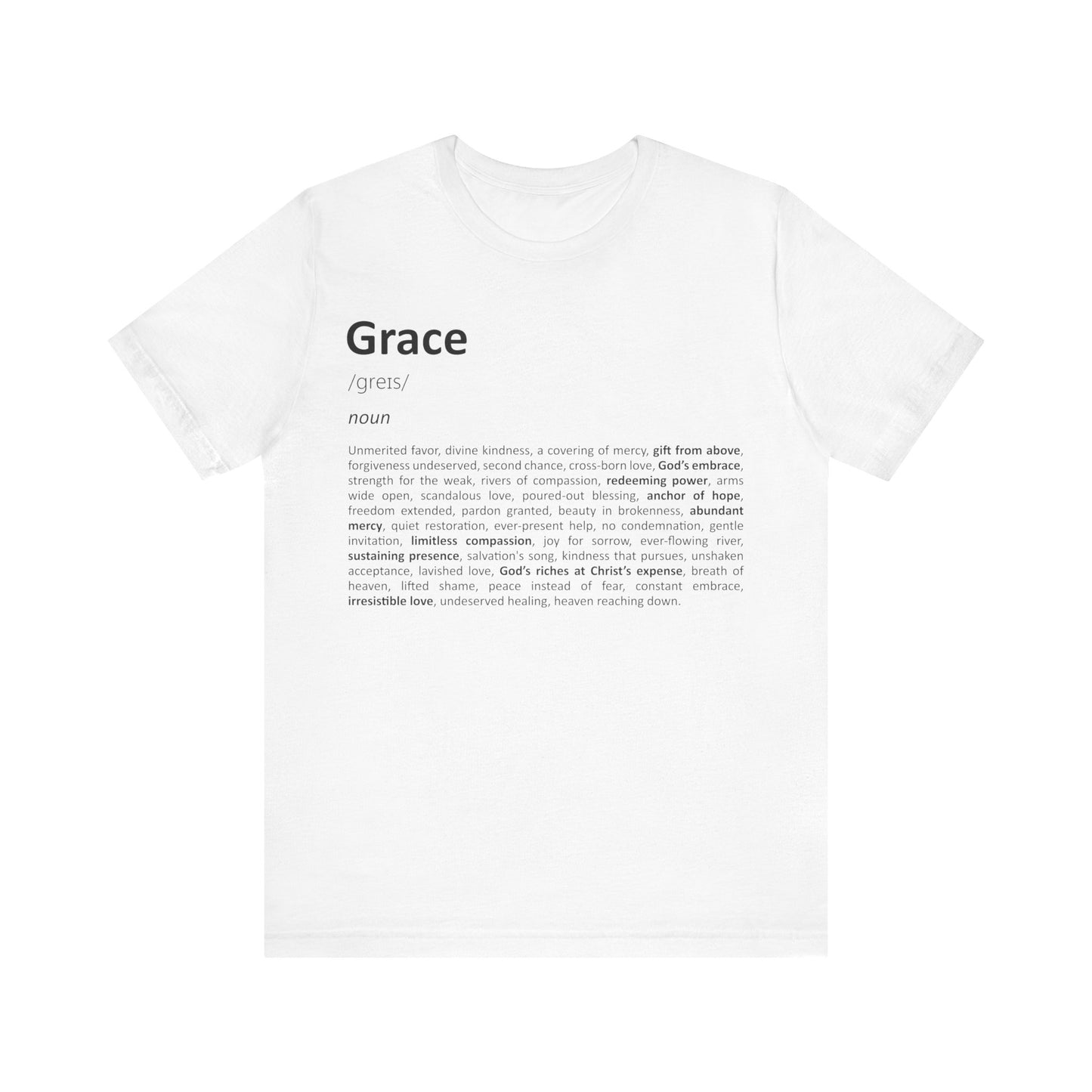 White t-shirt with black text on a white background