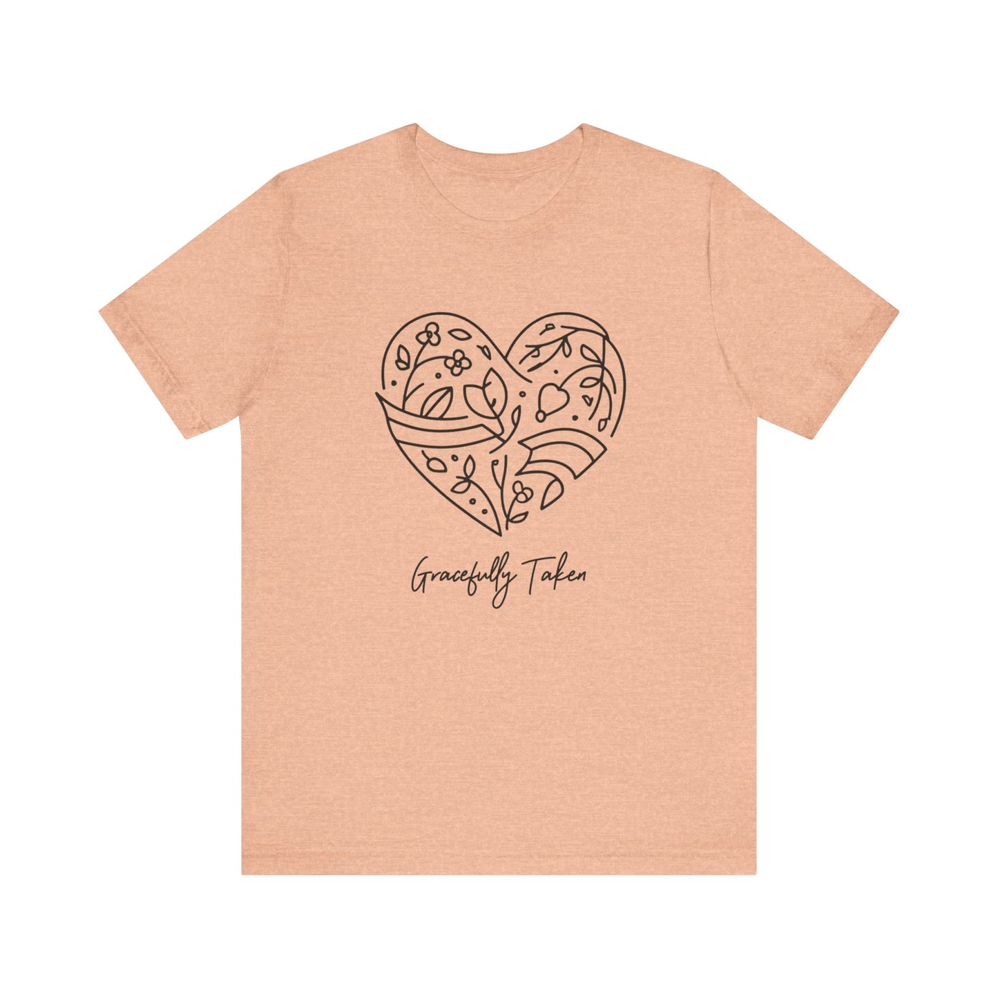 Beige t-shirt with a heart design and text on a white background