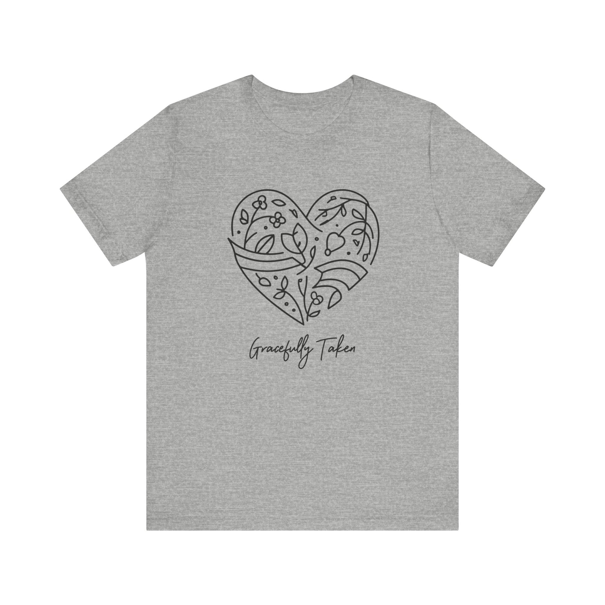 Gray t-shirt with a heart design and 'Gracefully Taken' text on a white background