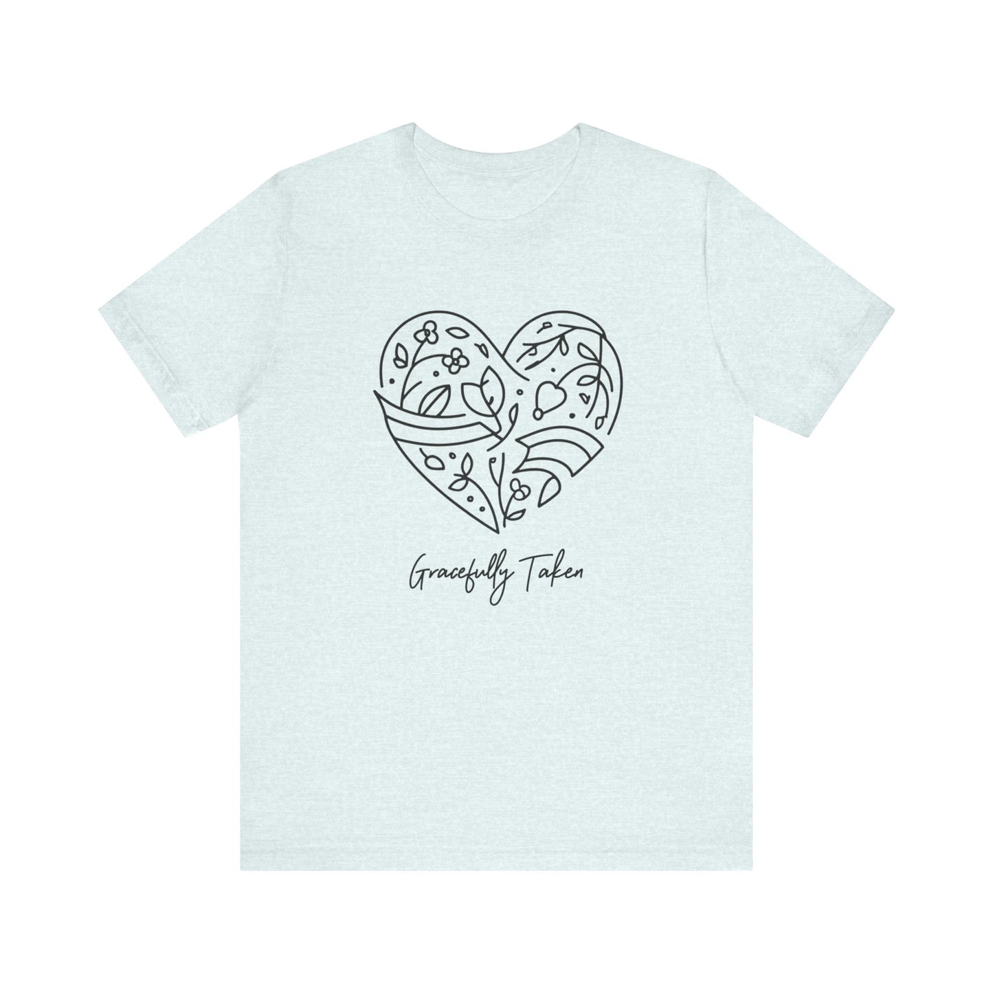 Light blue t-shirt with a heart-shaped design and 'Gracefully Taken' text on a white background