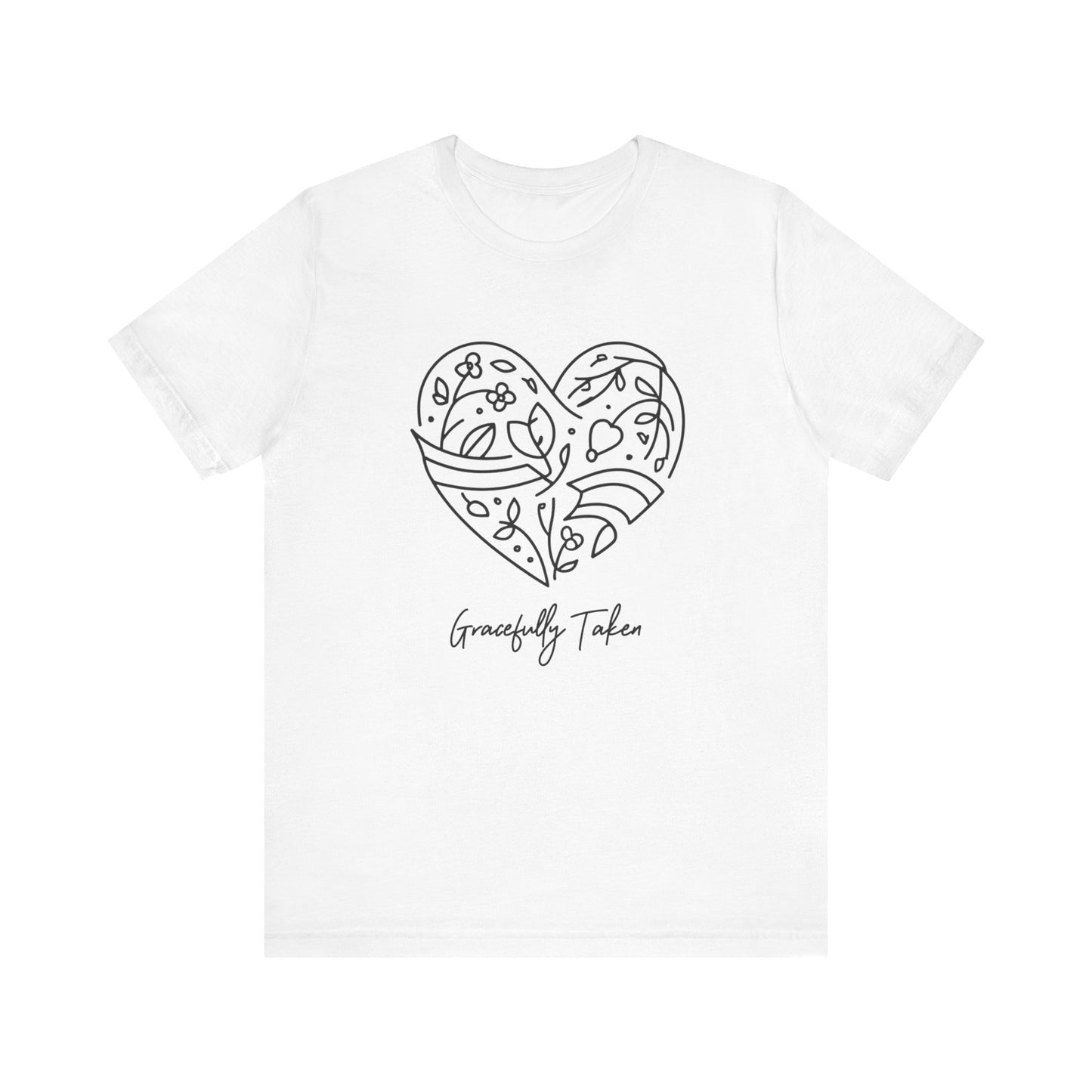 White t-shirt with a black heart-shaped design and 'Gracefully Taken' text on a white background