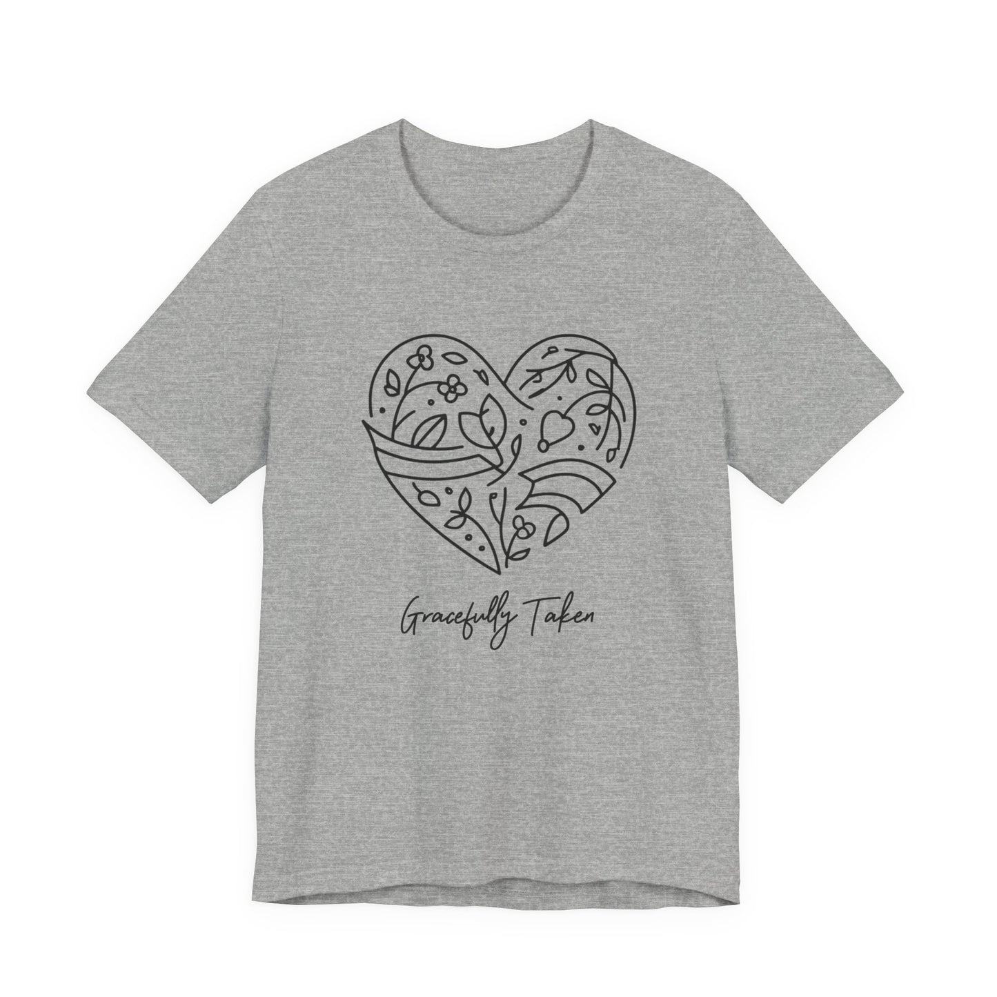 Gray t-shirt with a black heart design and 'Gracefully Taken' text on a white background