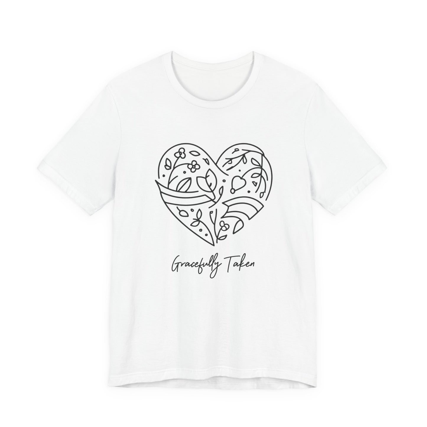 White t-shirt with a black heart design and 'Gracefully Taken' text on a white background