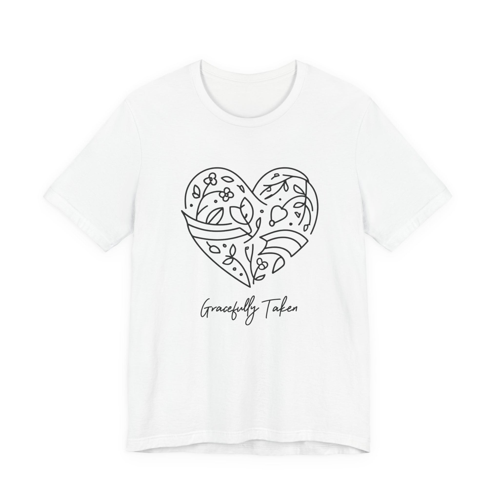 White t-shirt with a black heart design and 'Gracefully Taken' text on a white background