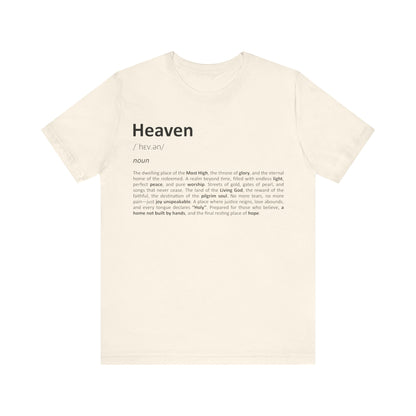 Beige t-shirt with 'Heaven' definition text on a white background