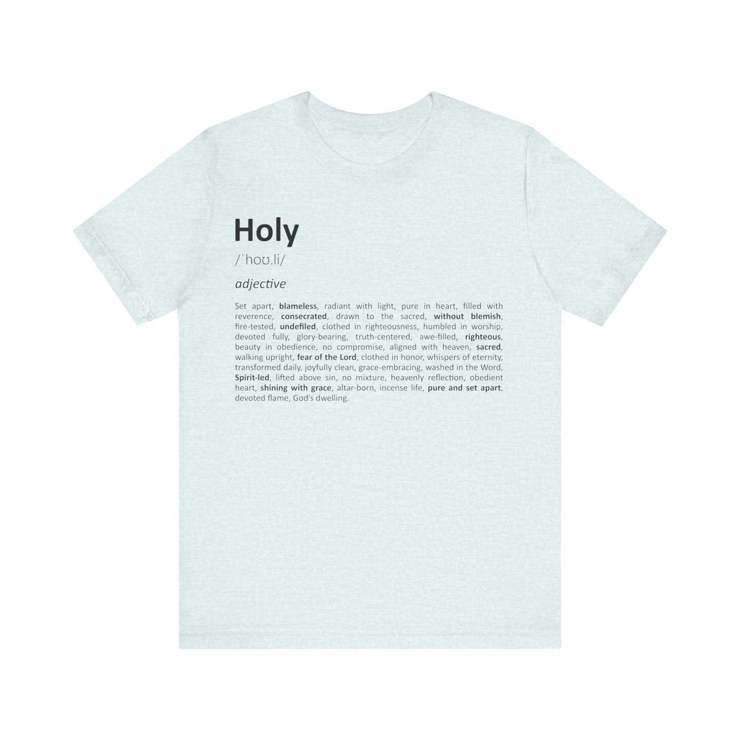 Light blue t-shirt with black text on a white background