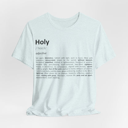 White t-shirt with black text on a light pink background