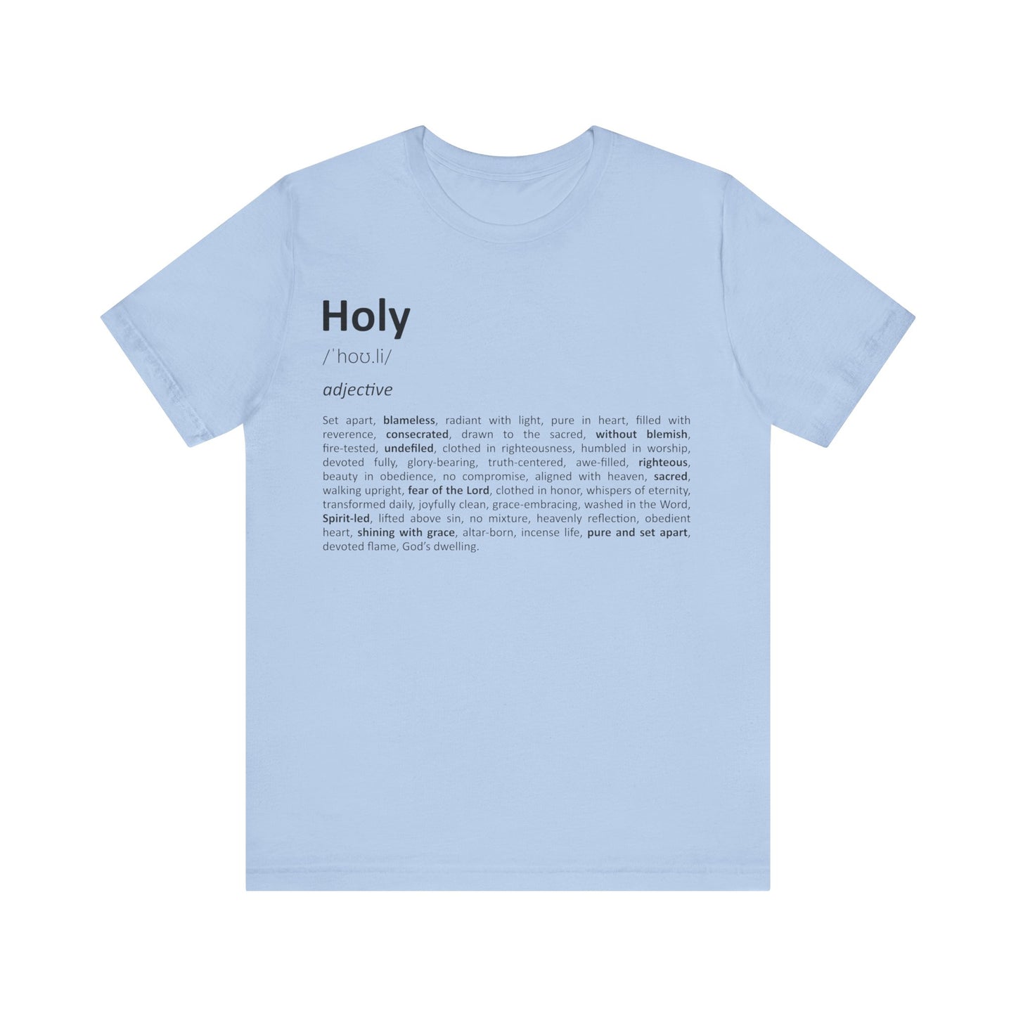 Light blue t-shirt with black text on a white background