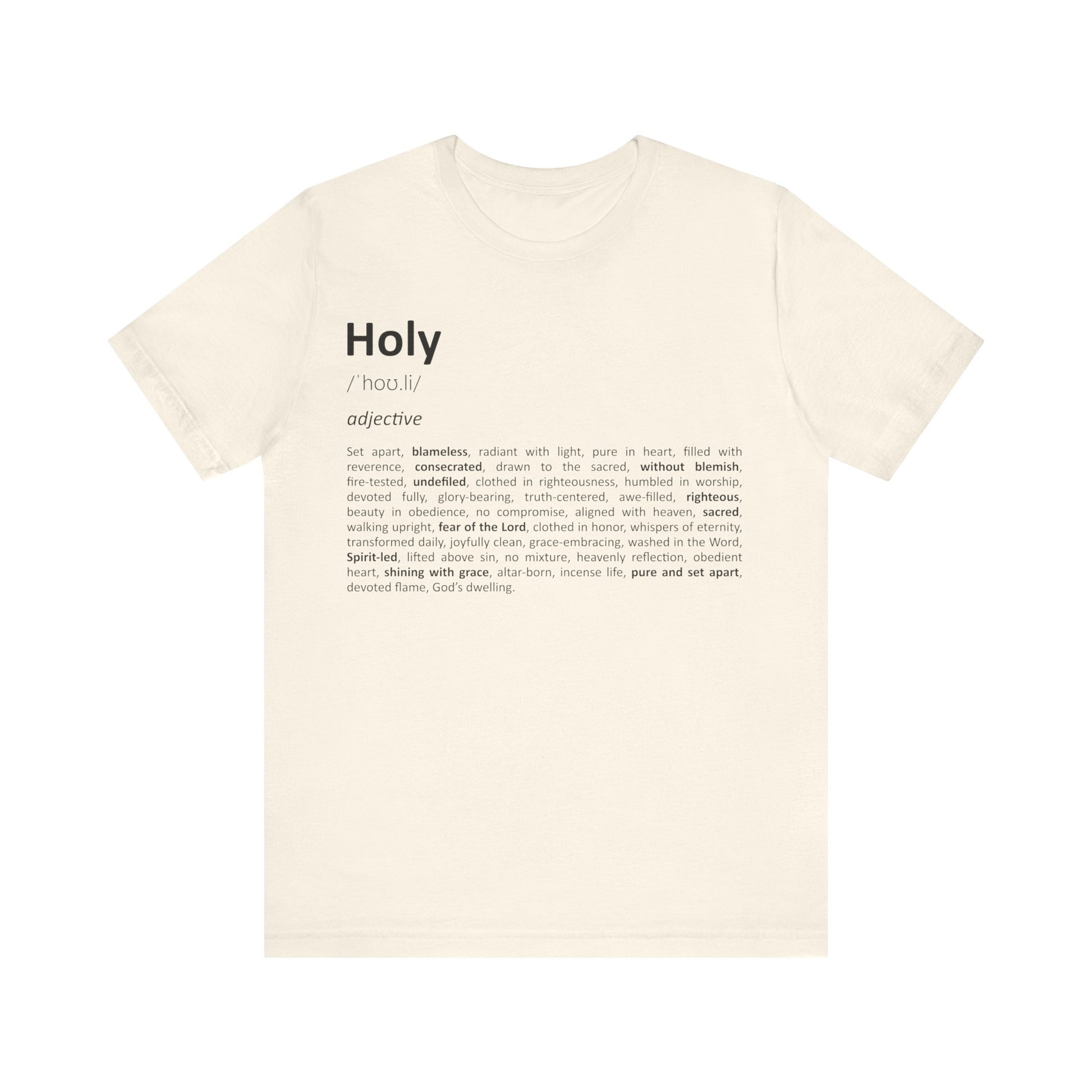 Beige t-shirt with black text on a white background