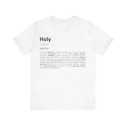 White t-shirt with black text on a white background