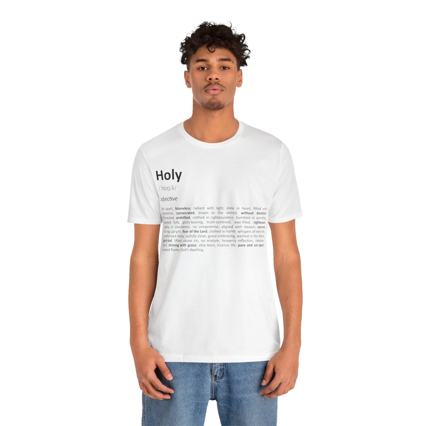 Man wearing a white t-shirt with text design on a white background