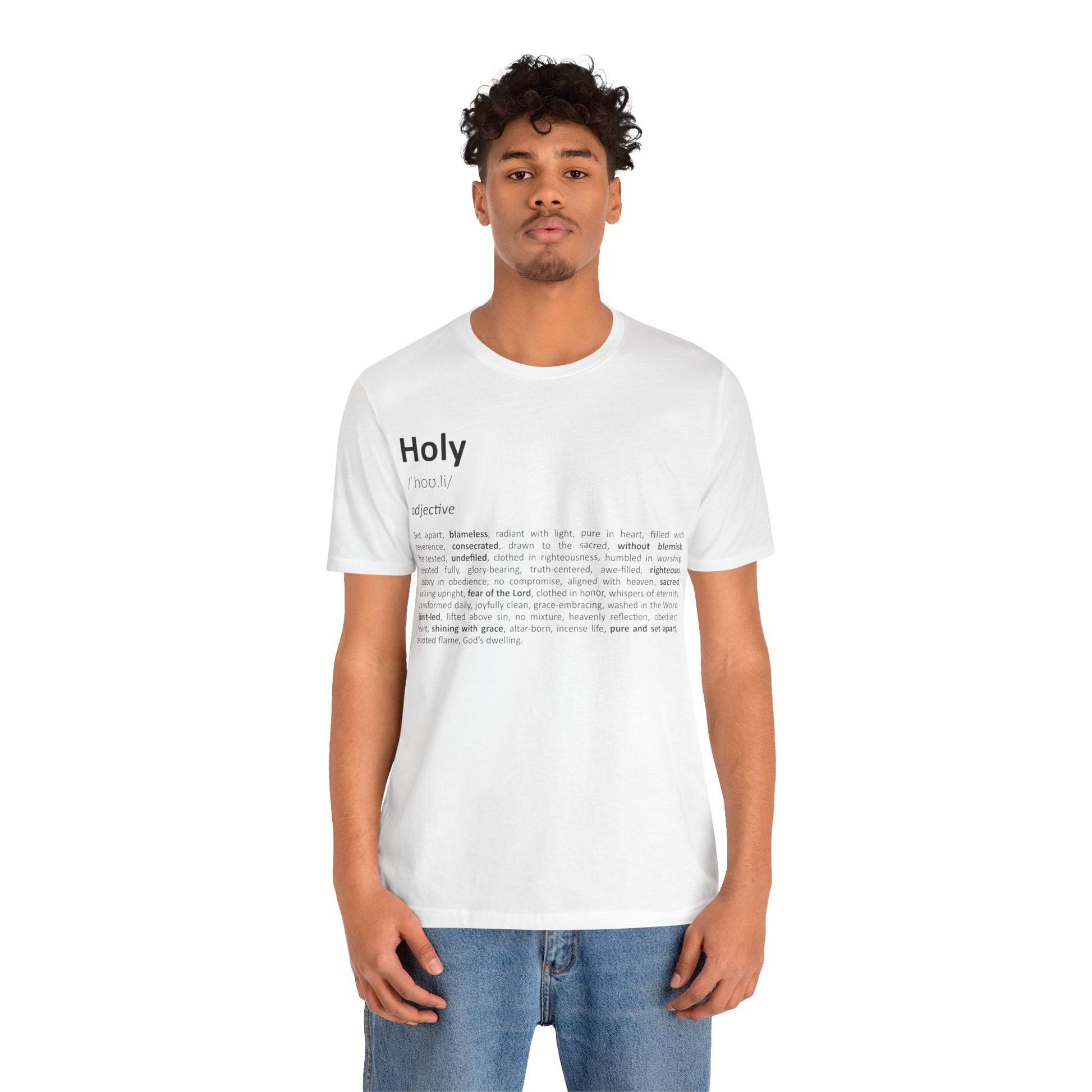 Man wearing a white t-shirt with text design on a white background