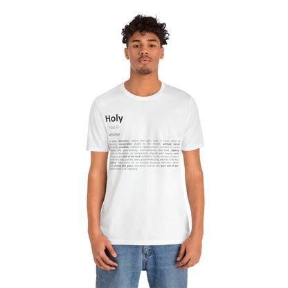 Man wearing a white t-shirt with text design on a white background