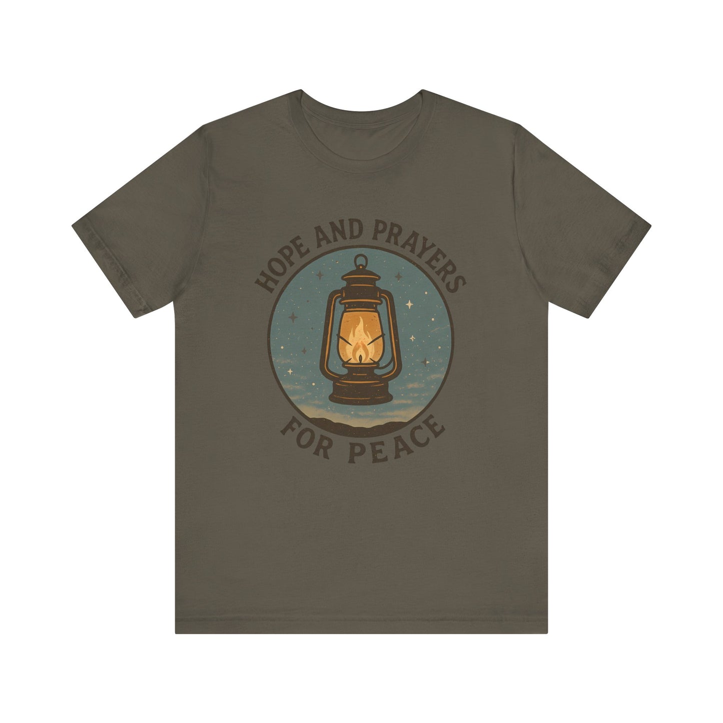 Brown t-shirt with a lantern graphic and text 'Hope and Prayers for Peace' on a white background