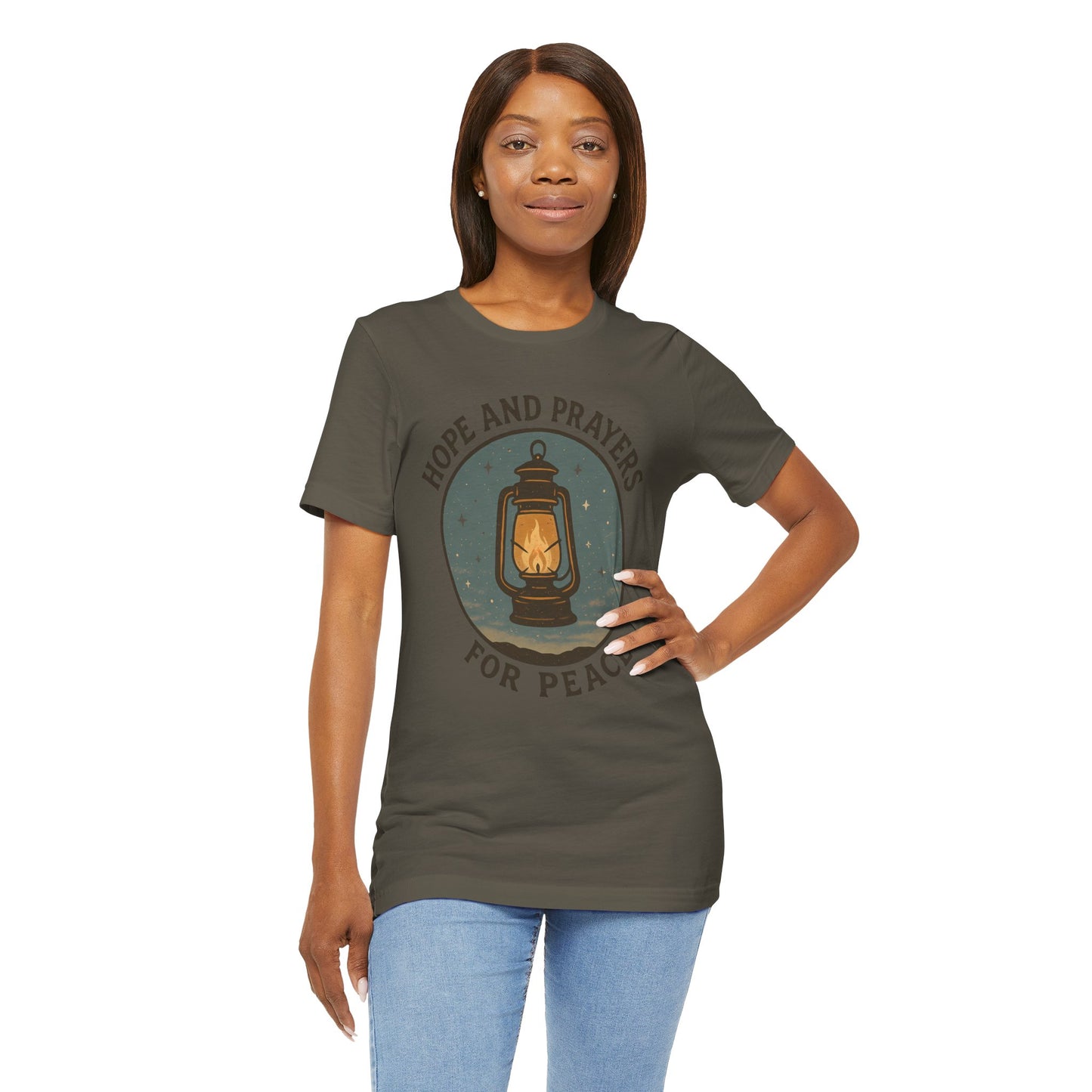 Woman wearing a t-shirt with a graphic design and text on a white background