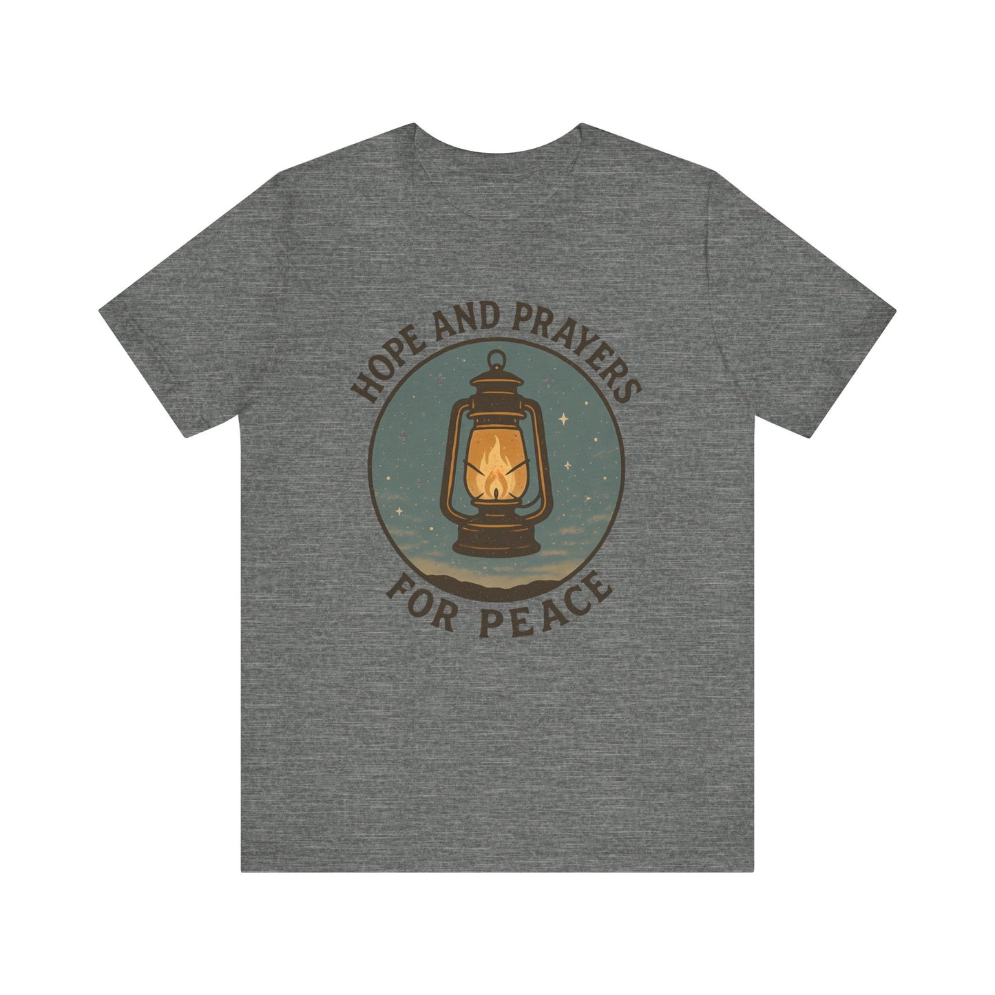 Gray t-shirt with a lantern graphic and text 'Hope and Prayers for Peace' on a white background