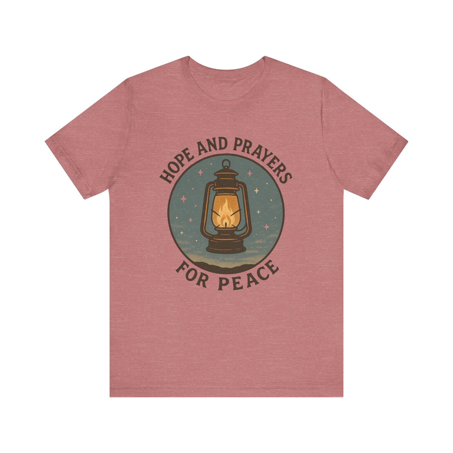 Red t-shirt with a lantern graphic and text 'Hope and Prayers for Peace' on a white background