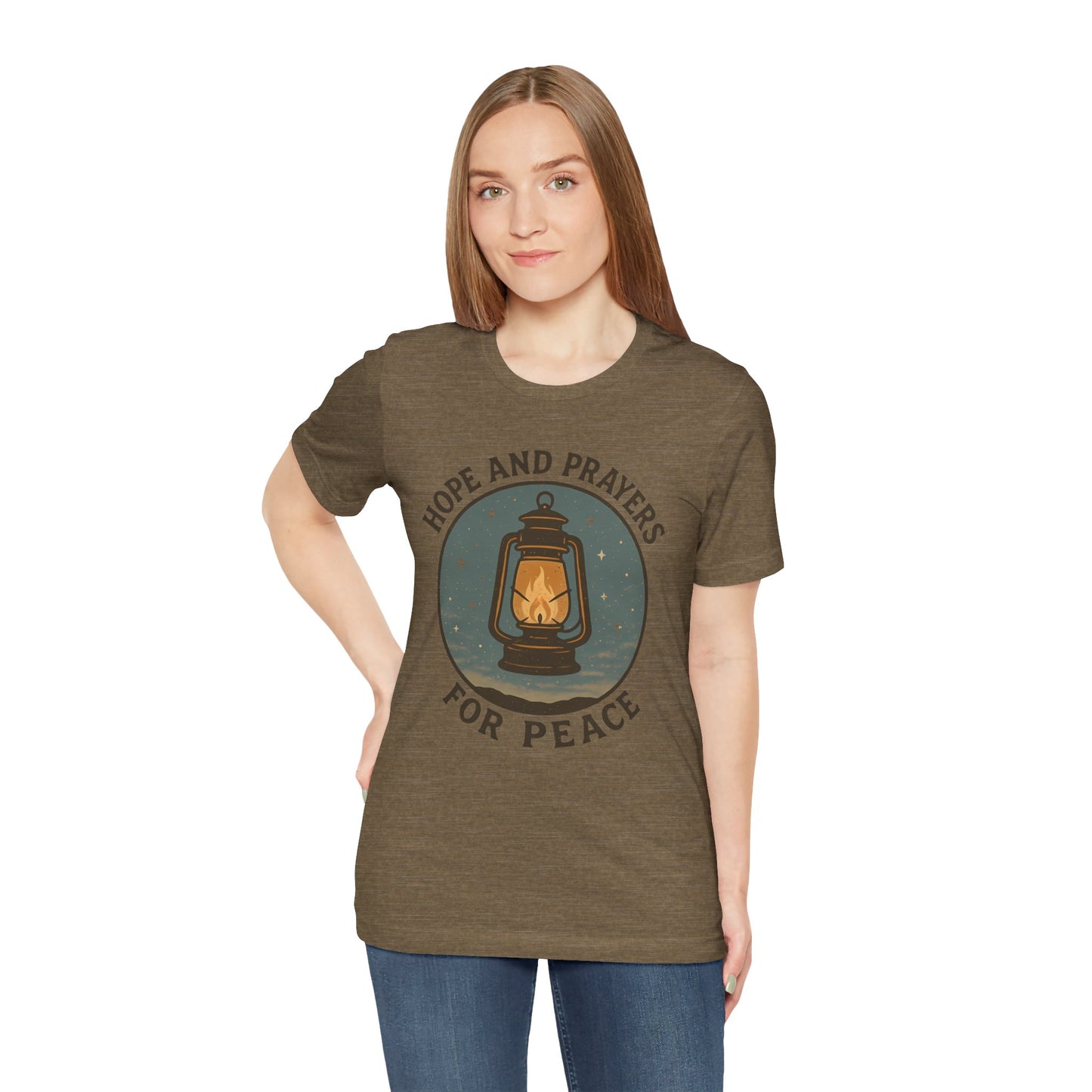 Woman wearing a green t-shirt with a graphic design and text on a white background