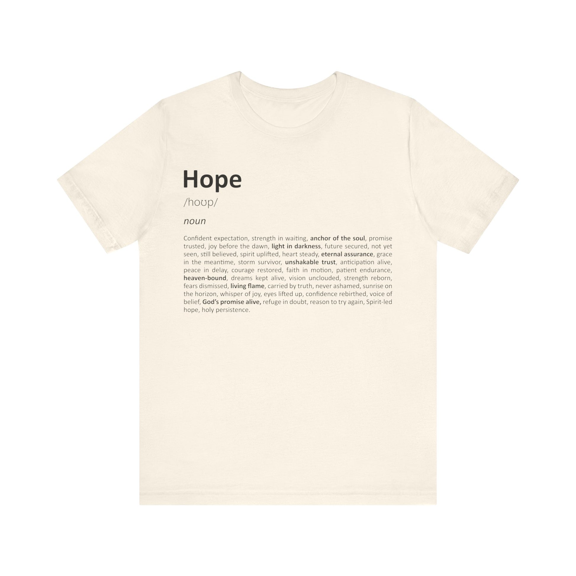 Beige t-shirt with 'Hope' definition text on a white background