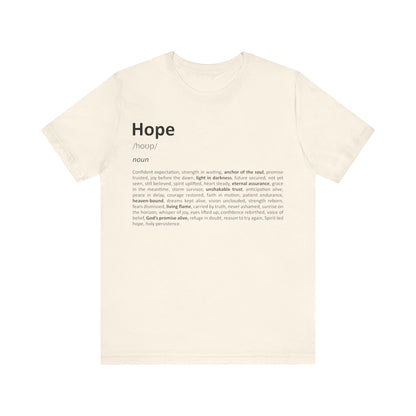 Beige t-shirt with 'Hope' definition text on a white background
