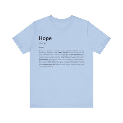 Light blue t-shirt with 'Hope' definition text on a white background