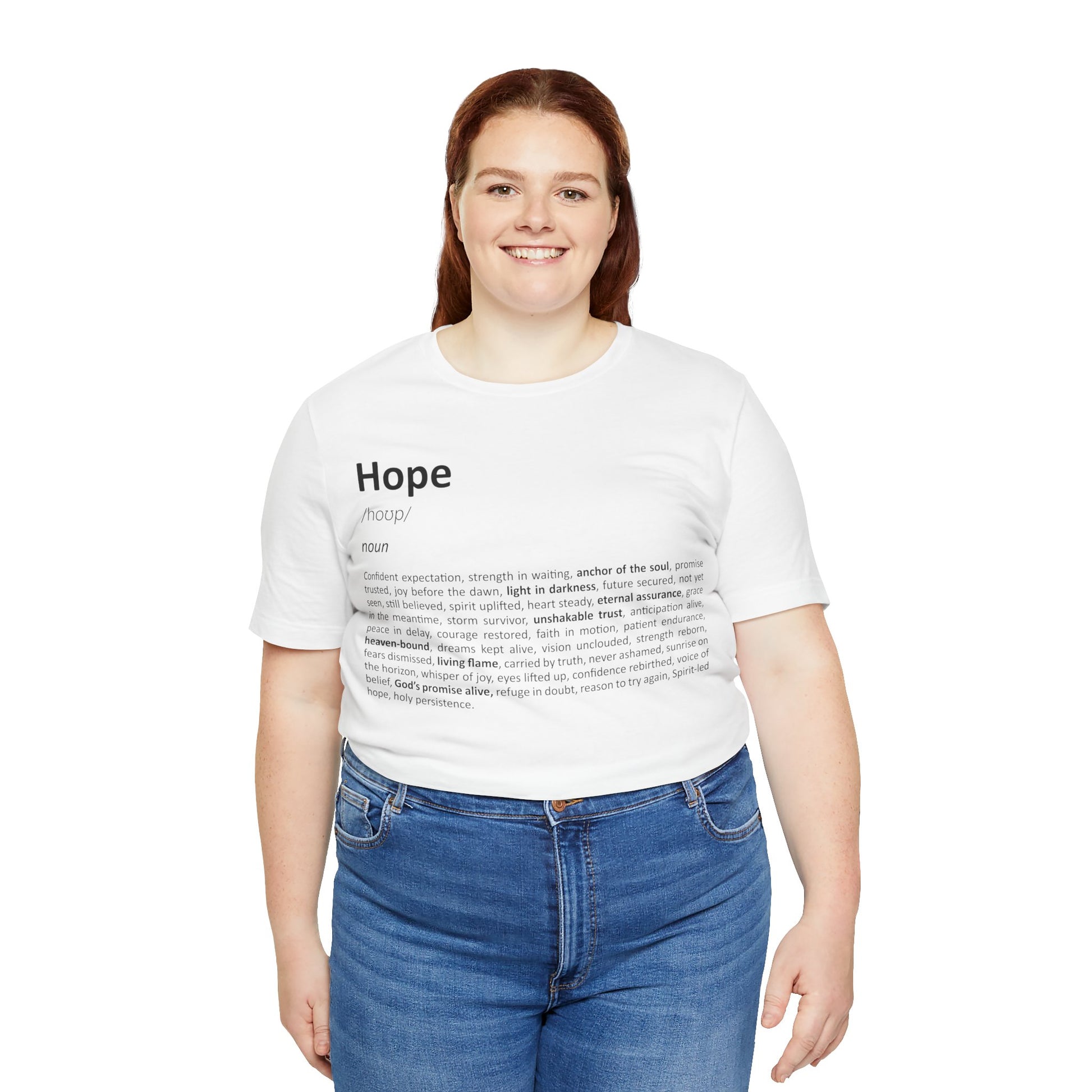 Person wearing a white t-shirt with 'Hope' printed on it against a white background