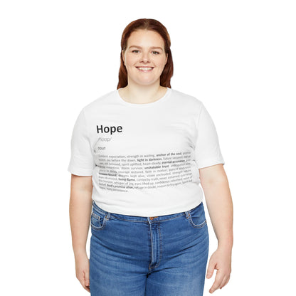 Person wearing a white t-shirt with 'Hope' printed on it against a white background
