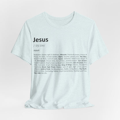 White t-shirt with 'Jesus' definition printed on it against a light pink background