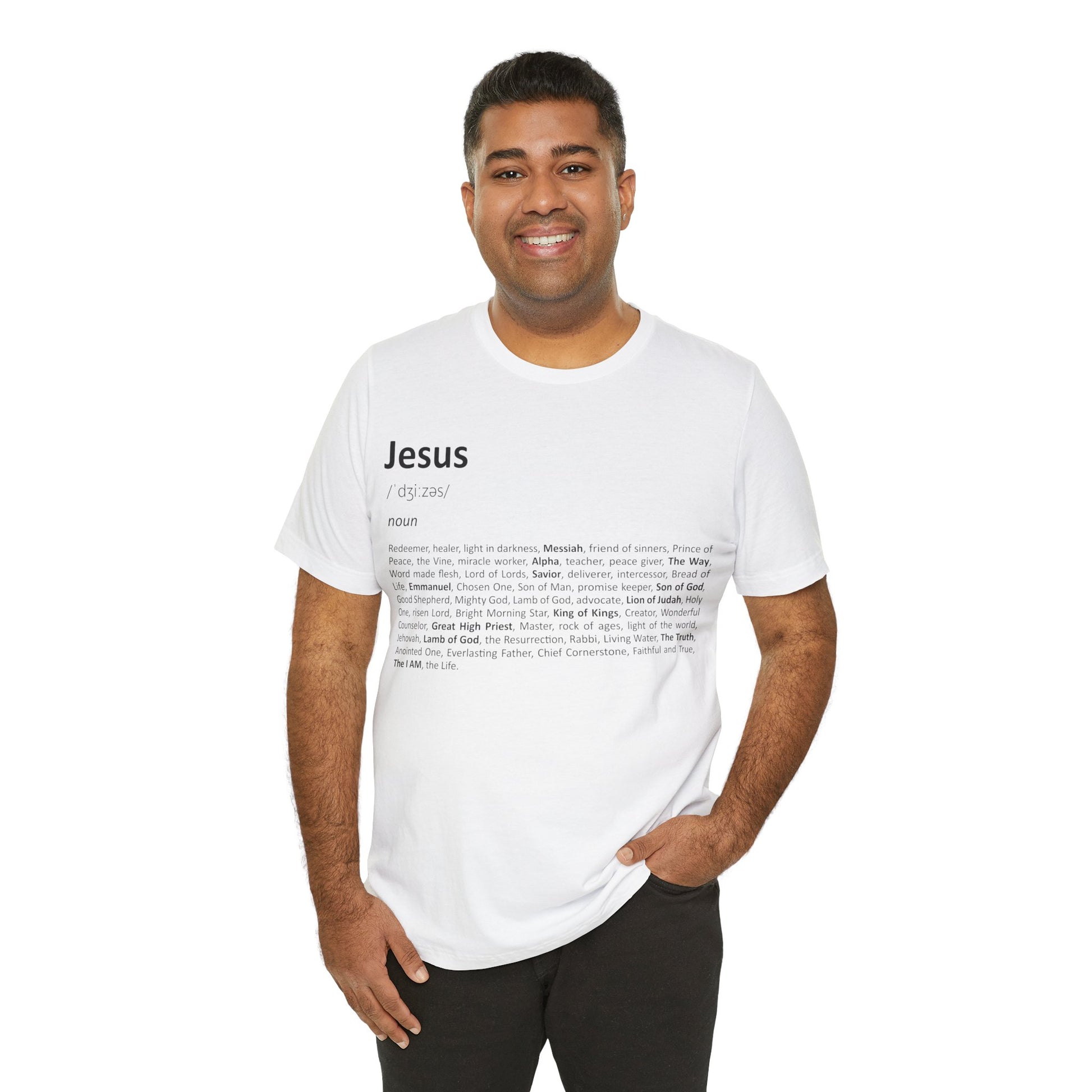 Man wearing a white t-shirt with 'Jesus' definition text on a white background