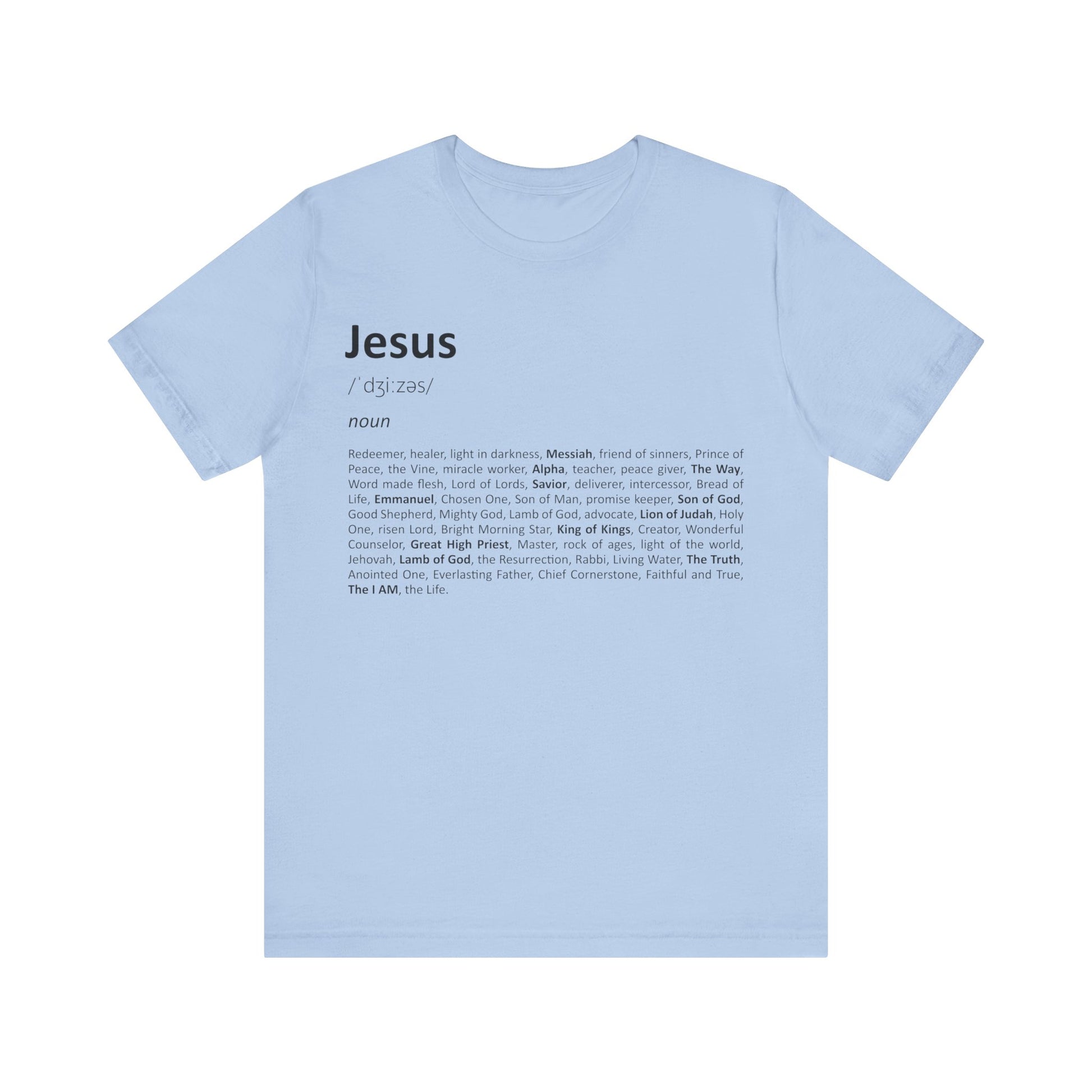 Light blue t-shirt with text design on a white background
