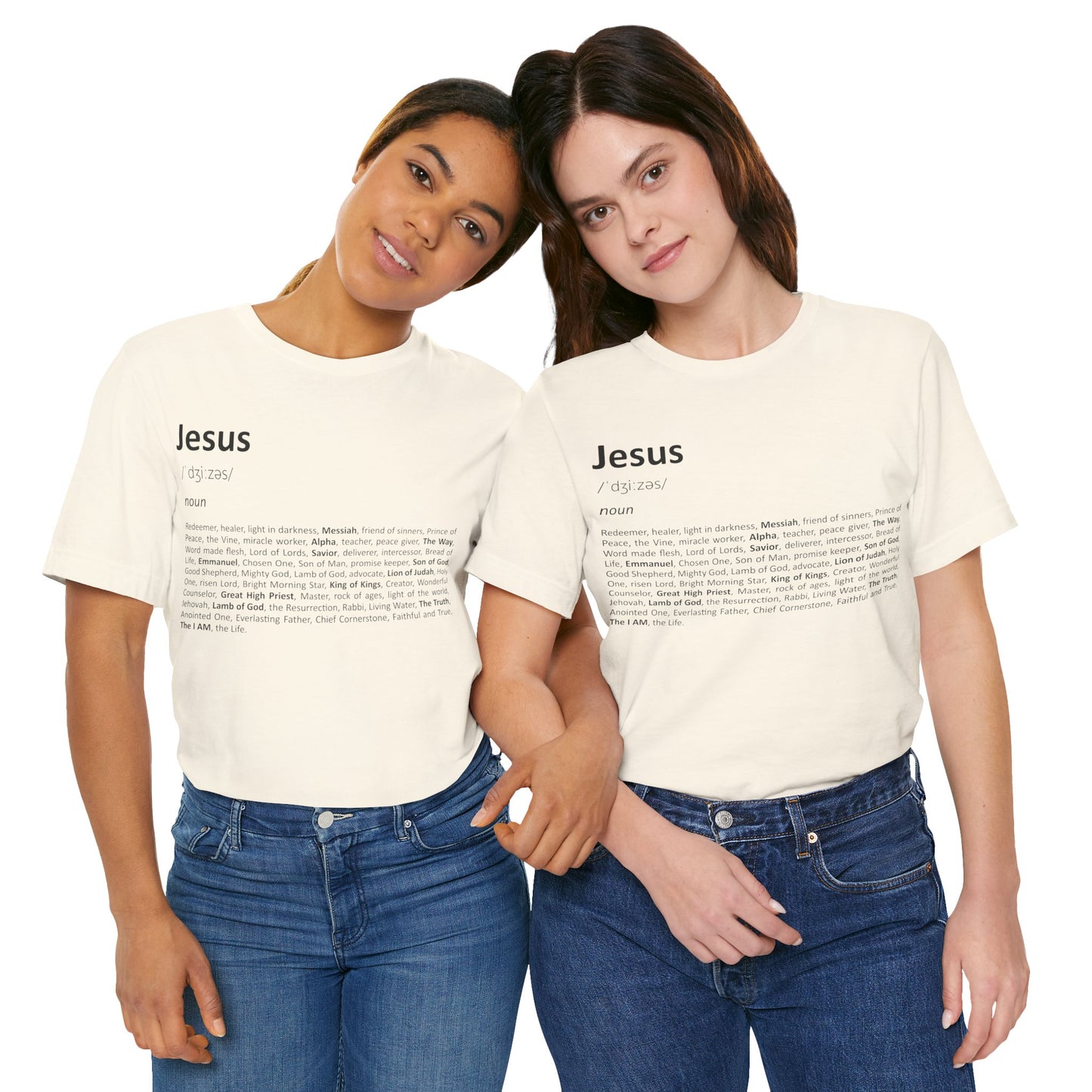 Two people wearing t-shirts with 'Jesus' definition text on a white background
