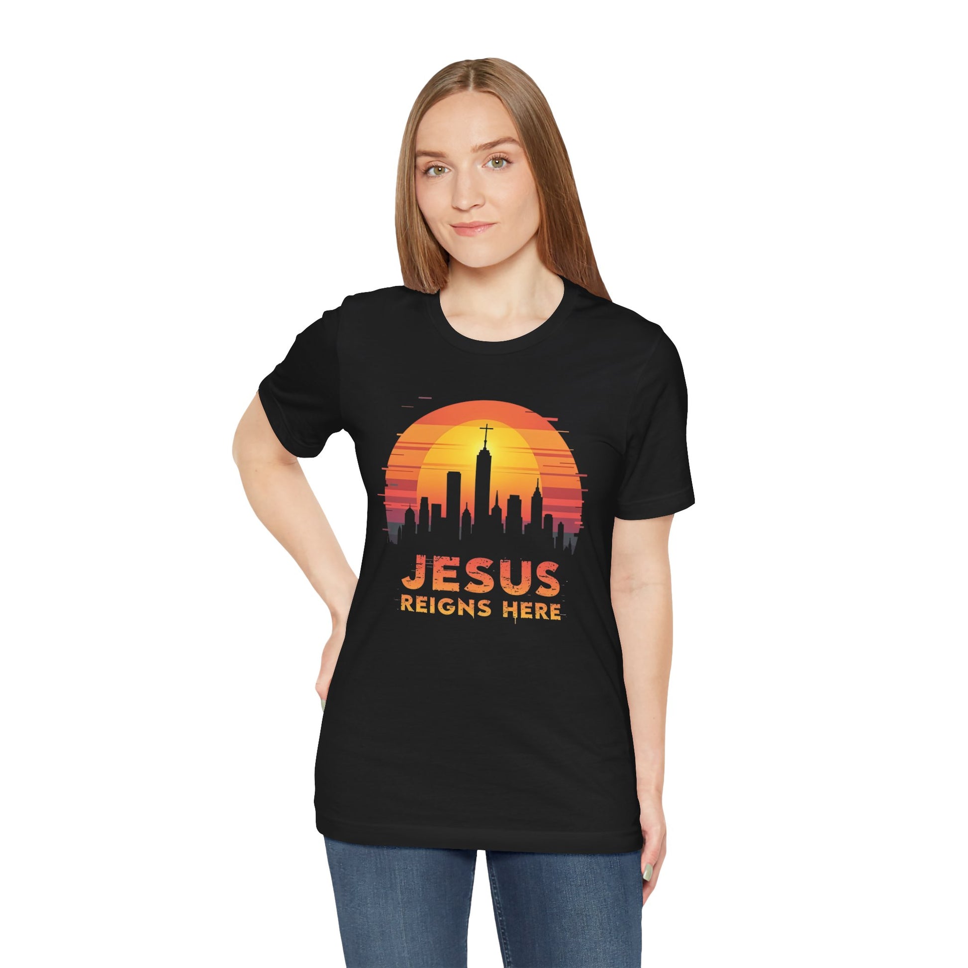 Jesus Reigns Here - Christian Comfort Fit Tee - black color for women