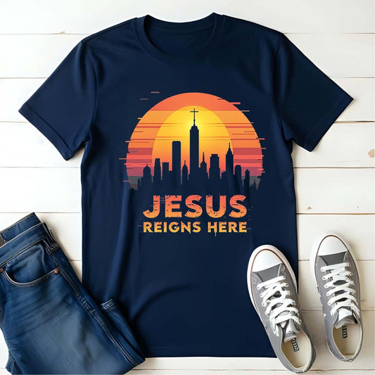 Jesus Reigns Here - Christian Comfort Fit Tee - dark blue color