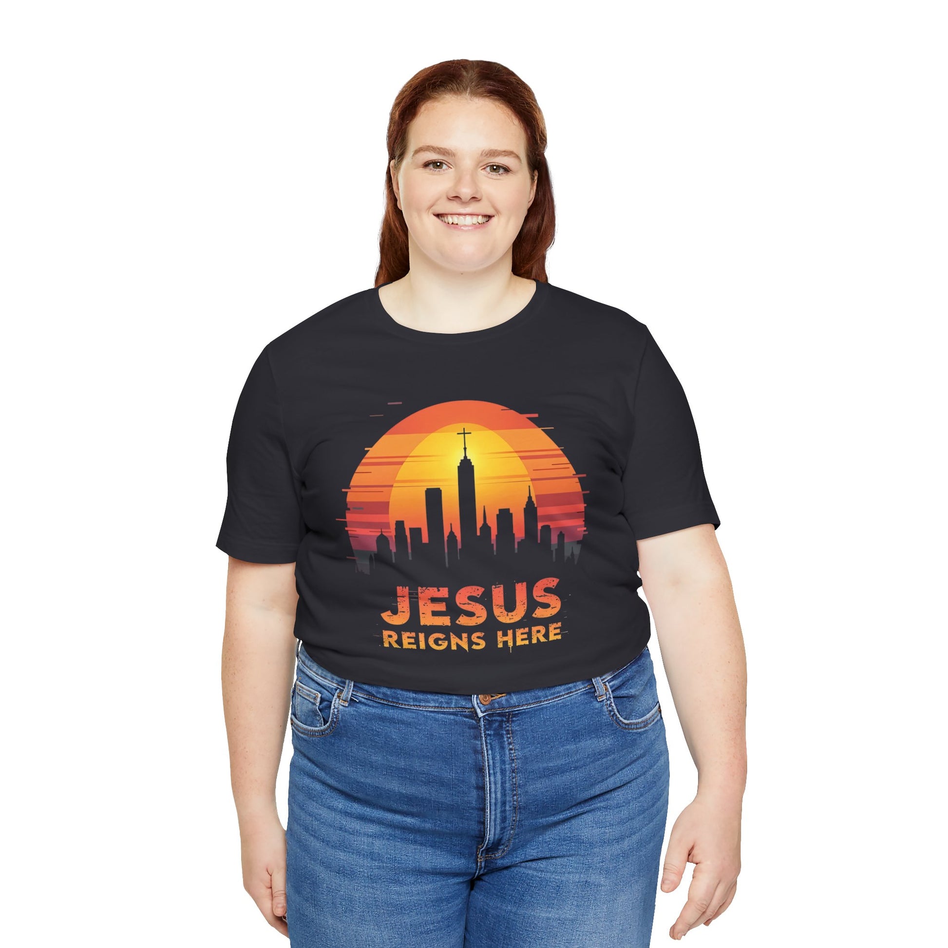 Jesus Reigns Here - Christian Comfort Fit Tee - gray color for women XL
