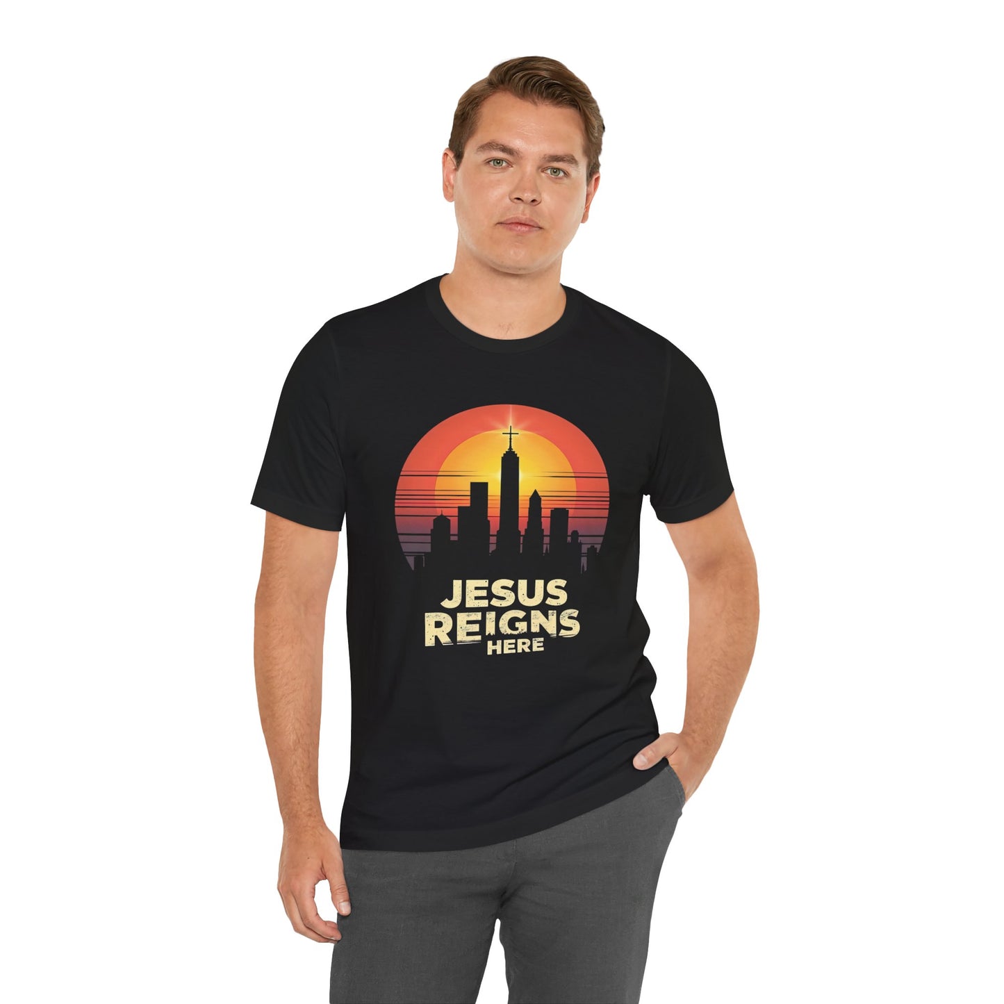 Jesus Reigns Here – Unisex Christian T-Shirt - black color for men