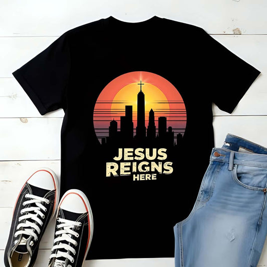 Jesus Reigns Here – Unisex Christian T-Shirt - black for men and women