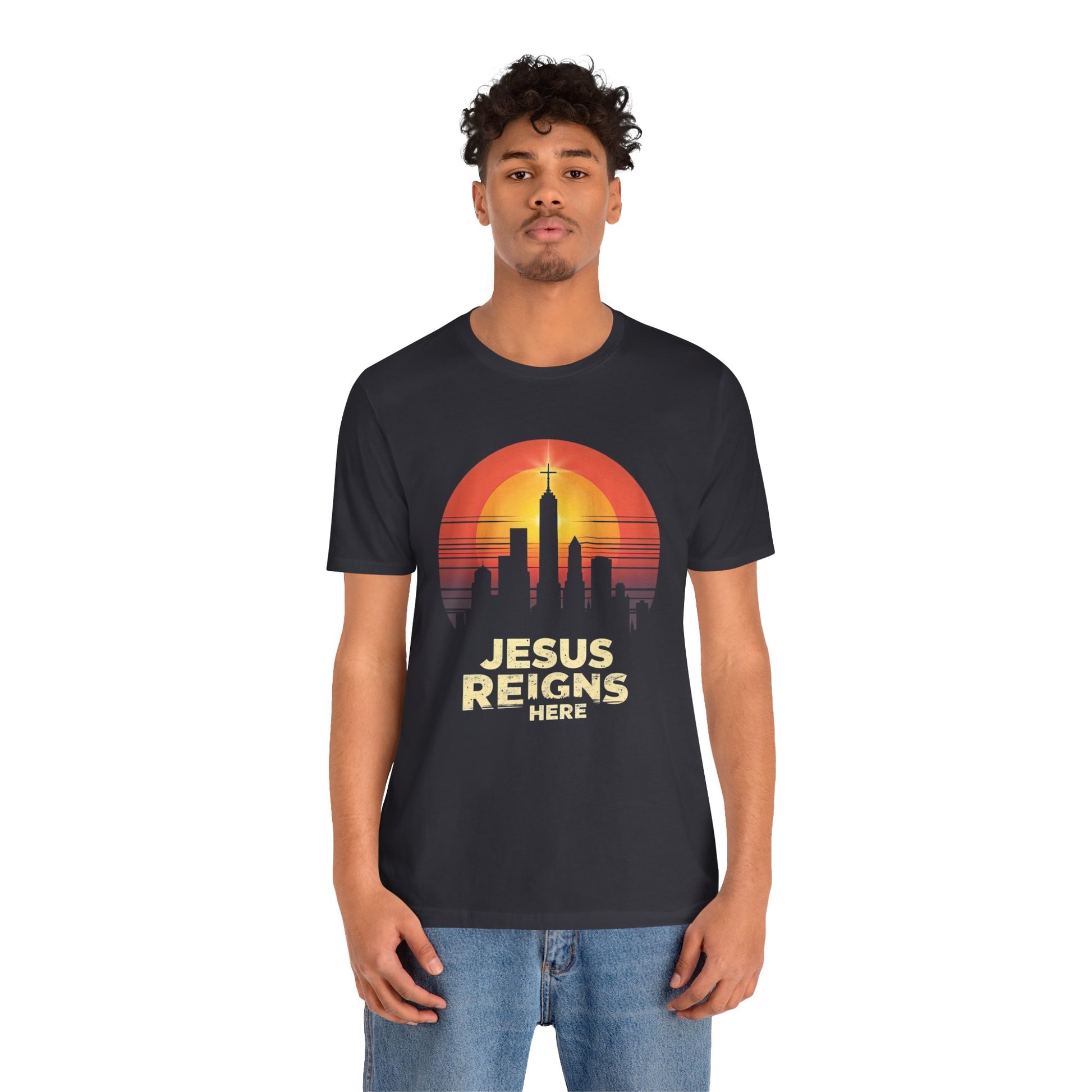 Jesus Reigns Here – Unisex Christian T-Shirt - heather for men