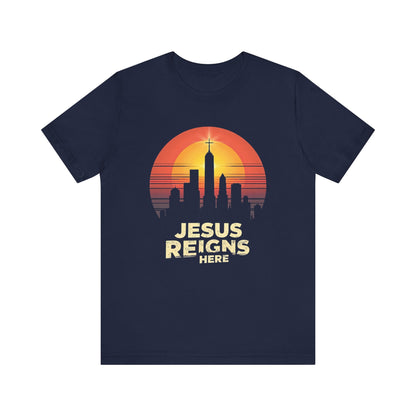Jesus Reigns Here – Unisex Christian T-Shirt - navy blue