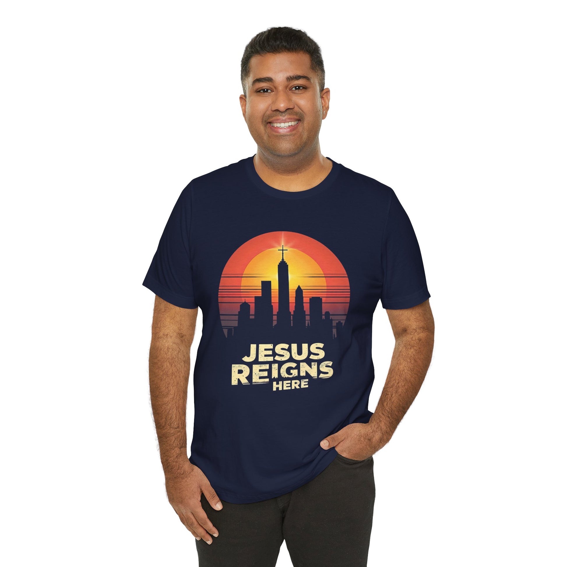 Jesus Reigns Here – Unisex Christian T-Shirt - navy blue for men