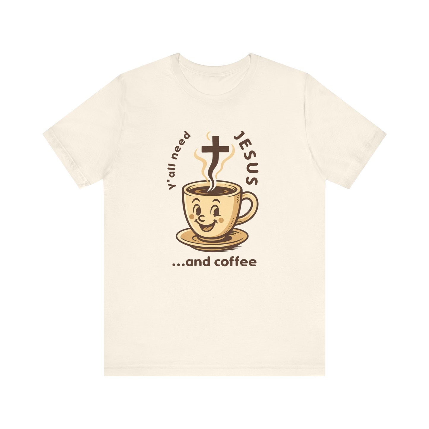 Beige t-shirt with a graphic of a coffee cup and text on a white background