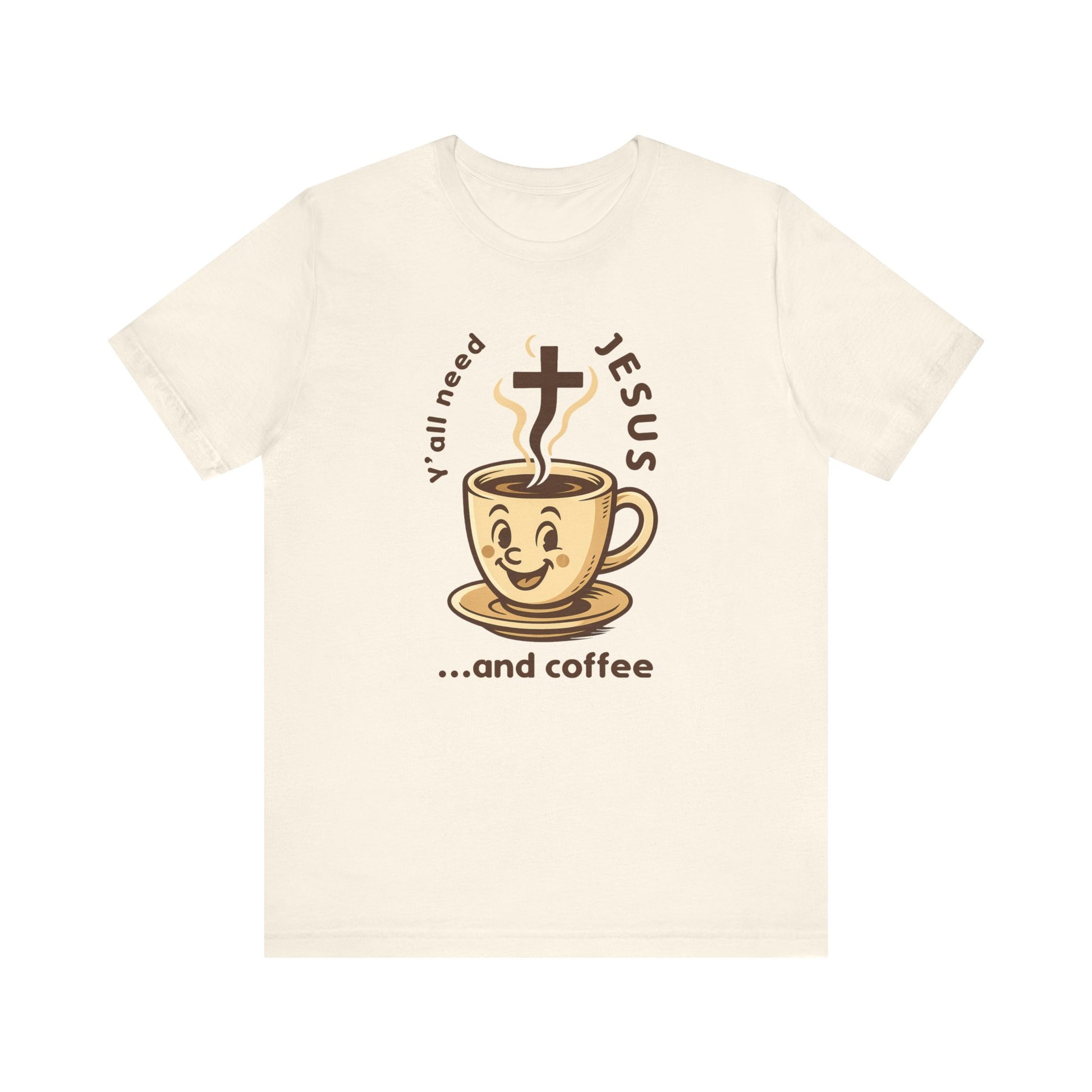 Beige t-shirt with a graphic of a coffee cup and text on a white background