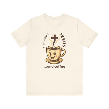 Beige t-shirt with a graphic of a coffee cup and text on a white background