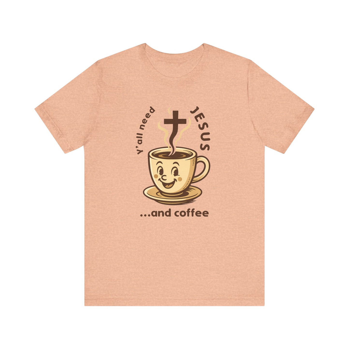 Beige t-shirt with a cartoon coffee cup and text design on a white background