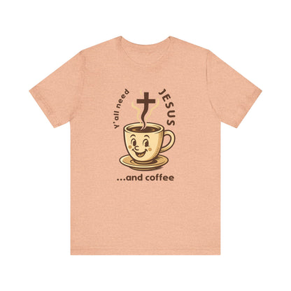 Beige t-shirt with a cartoon coffee cup and text design on a white background