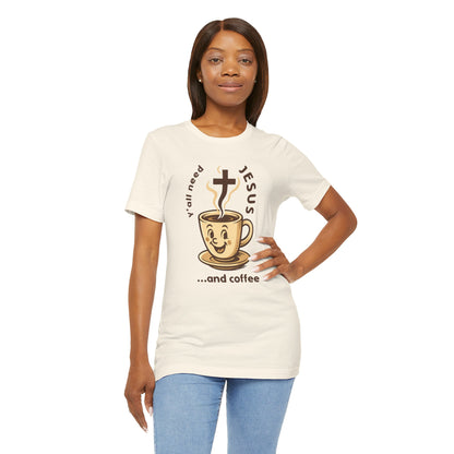 Woman wearing a white t-shirt with a graphic design of a coffee cup and cross, text 'You need Jesus.