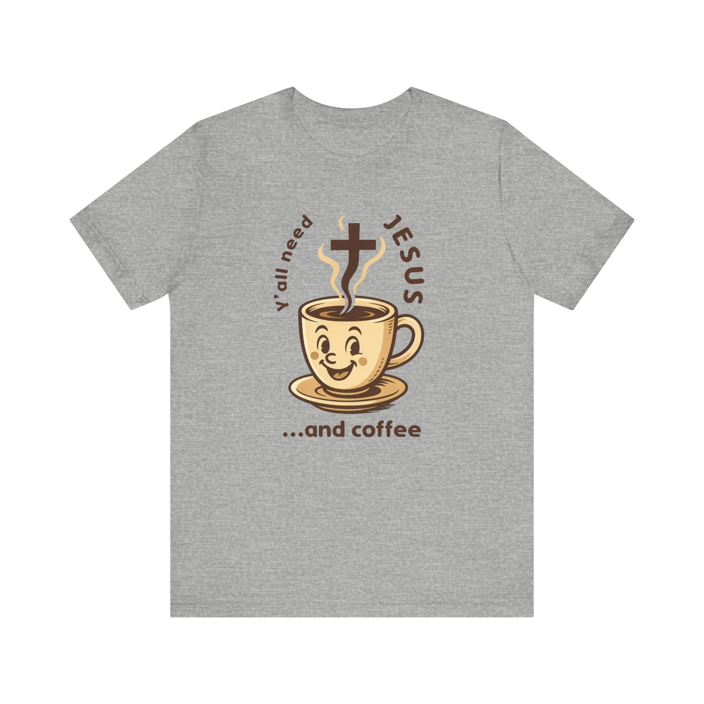Gray t-shirt with a cartoon coffee cup and text design on a white background